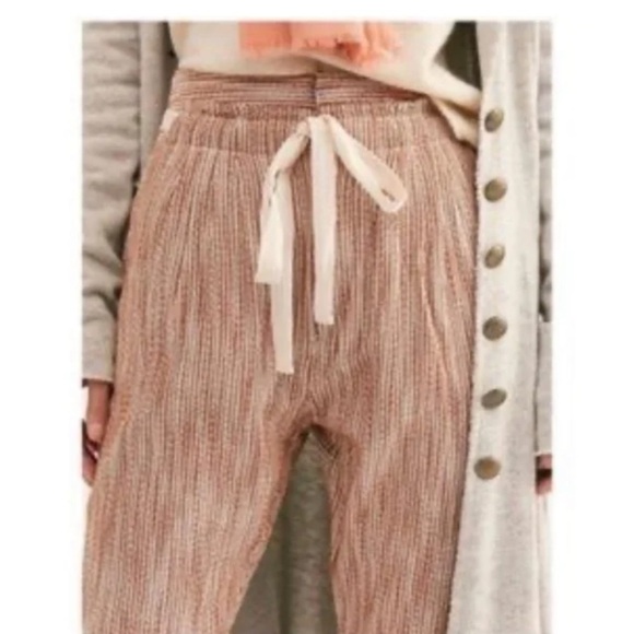 Free People Light At Sunrise Woven Cream/ Brown Crop Pants Size 4 - Picture 4 of 13